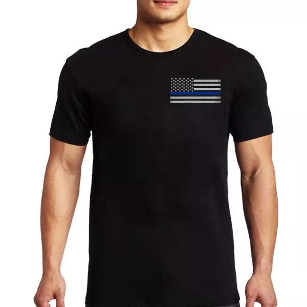 Mens T-Shirt - Thin Blue Line Small Flag, Distressed Style