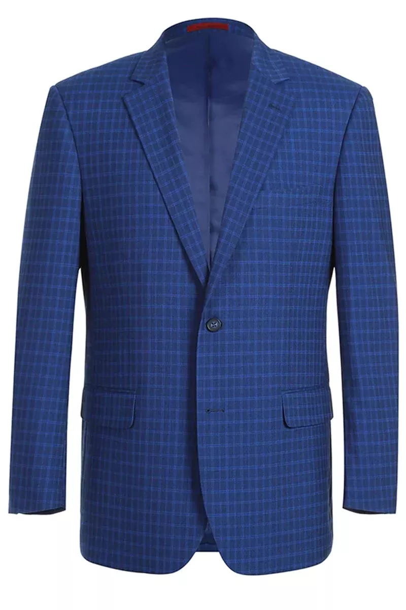 Mens Two Button Classic Fit Two Piece Suit in Blue Windowpane Check