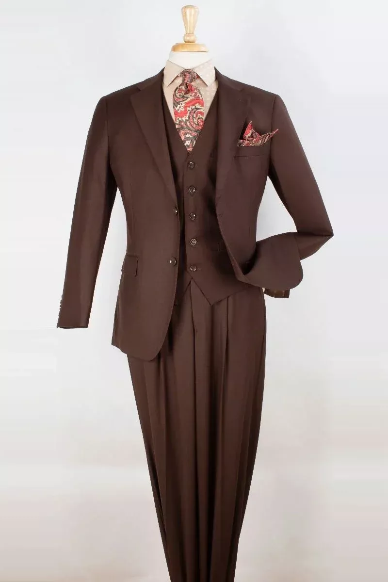 Mens Two Button Classic Fit Vested Suit in Brown