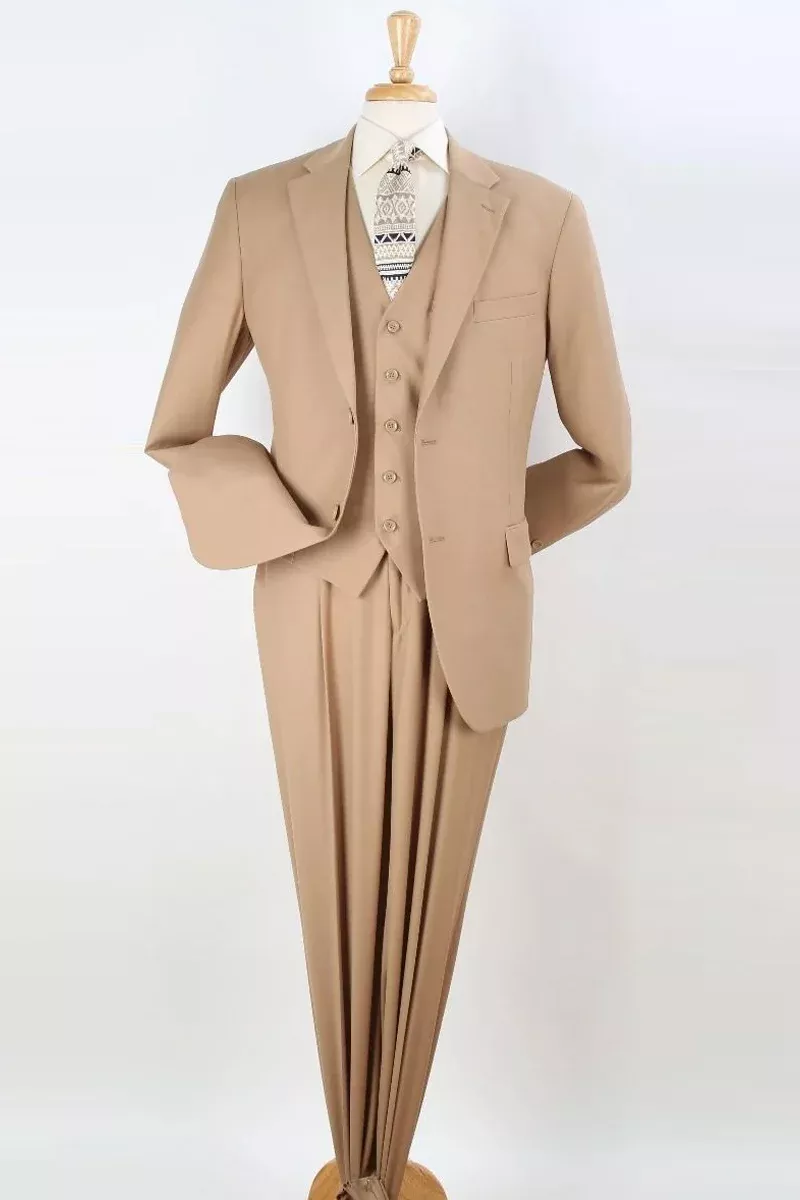 Mens Two Button Classic Fit Vested Suit in Camel