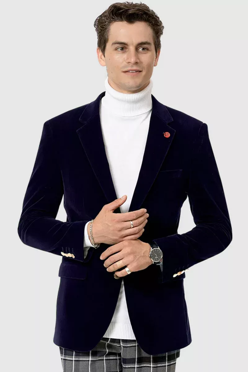 Mens Two Button Modern Fit Velvet Blazer in Navy Blue