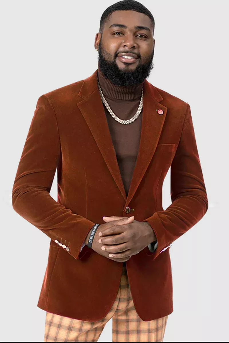 Mens Two Button Modern Fit Velvet Blazer in Rust