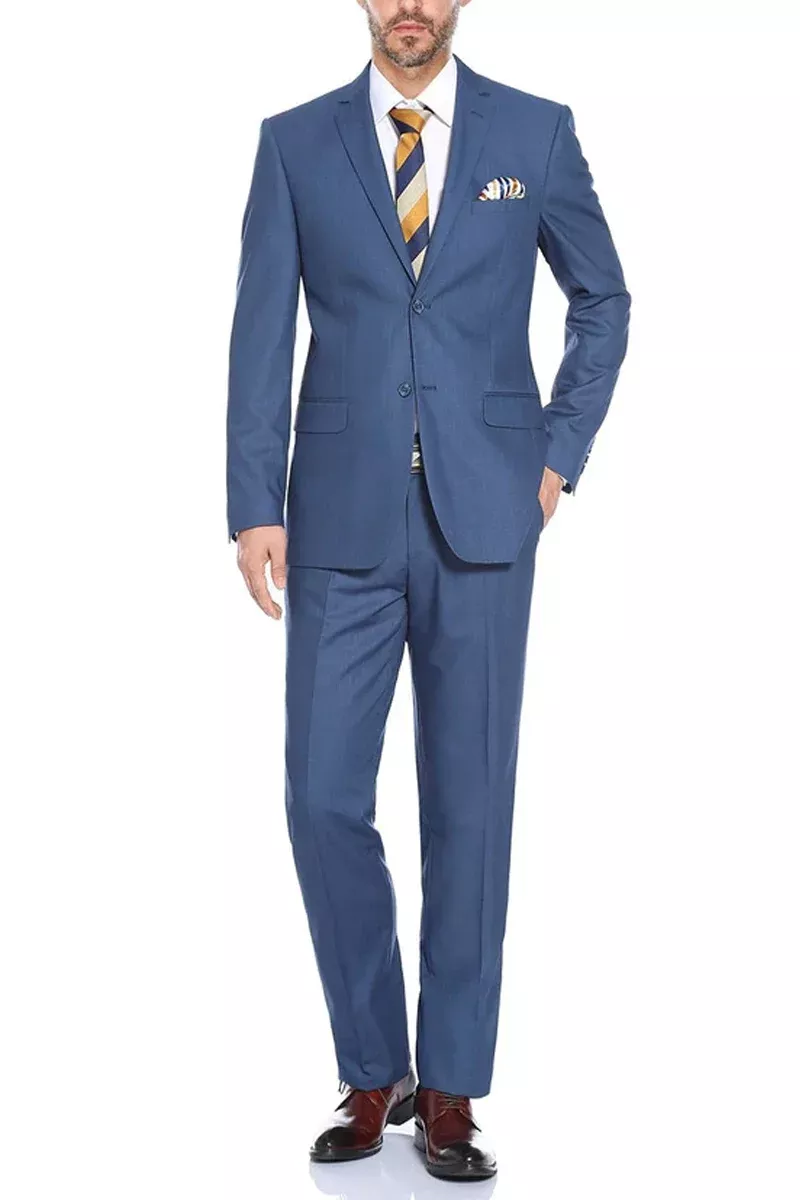 Mens Two Button Slim Fit Hack Pocket Suit in Steel Blue