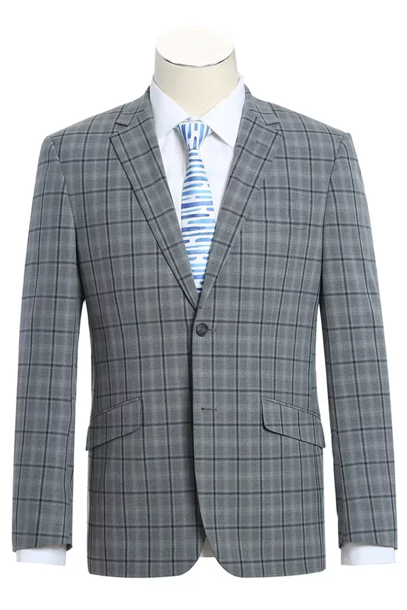 Mens Two Button Slim Fit Two Piece Hack Pocket Stretch Suit in Grey Windowpane Plaid