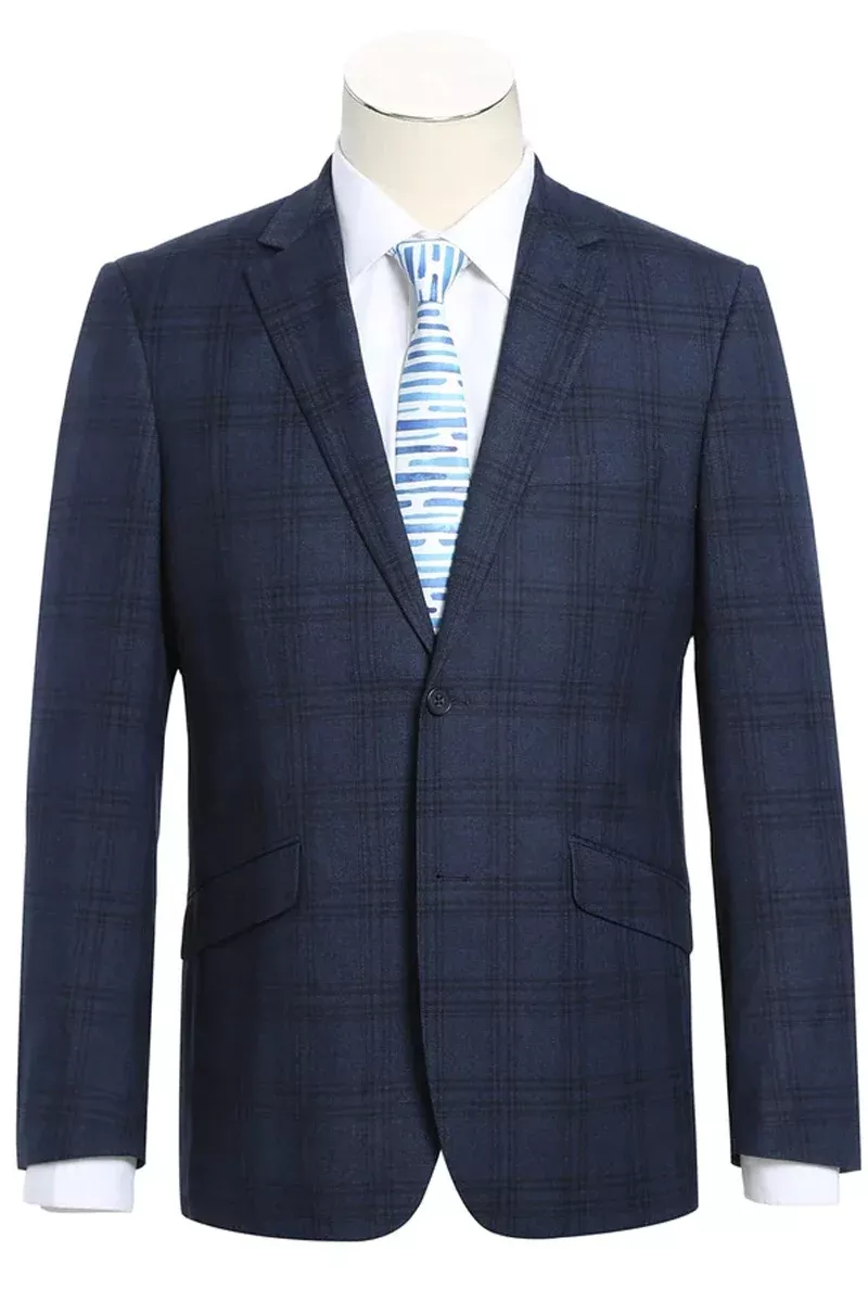 Mens Two Button Slim Fit Two Piece Hack Pocket Stretch Suit in Navy Blue Windowpane Plaid
