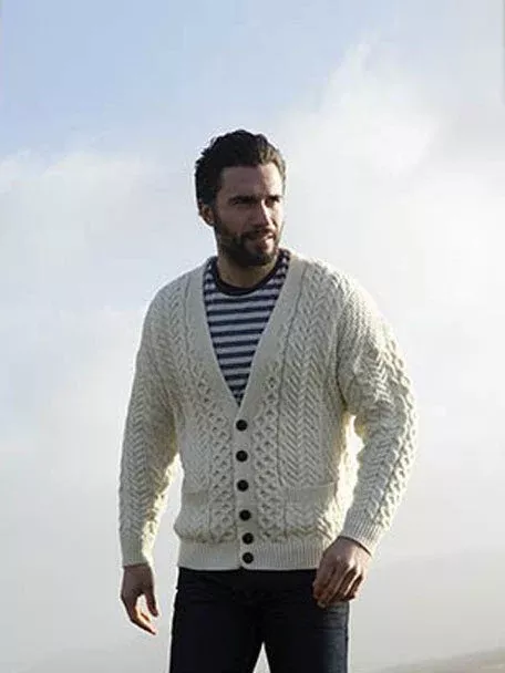 Mens V Neck Aran Cardigan Natural