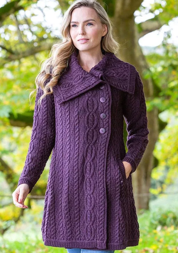 Merino Wool Aran Coatigan Damson
