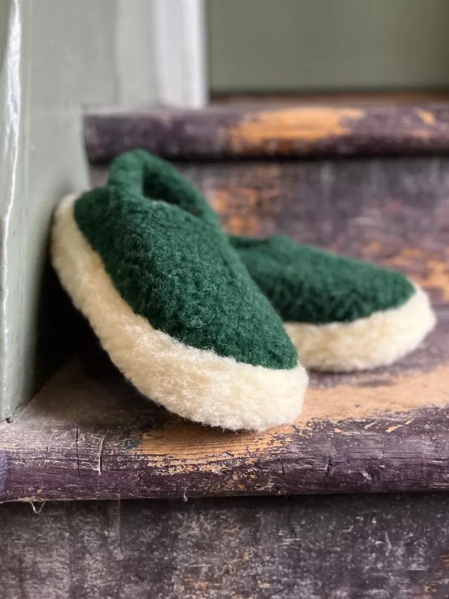 Merino Wool Non Slip Slippers Dark Green