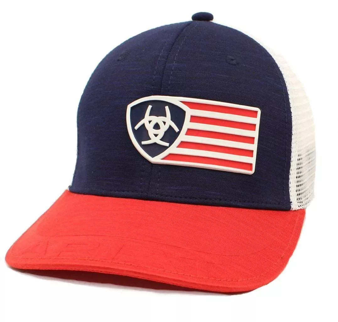 MF Western Ariat Mens Hat Baseball Cap Mesh Snap Back Shield Logo Flag Patch Red Style A300004203