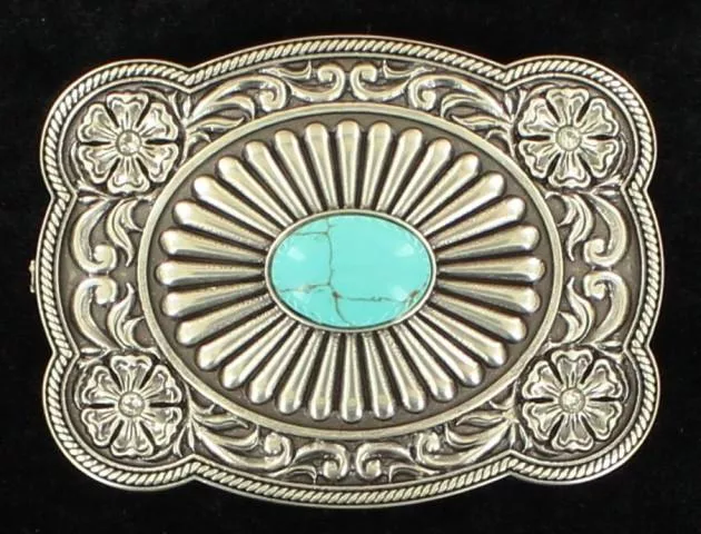 MF Western Ladies Silver Turquoise Rectangular Scalloped Belt Buckle Style 37974