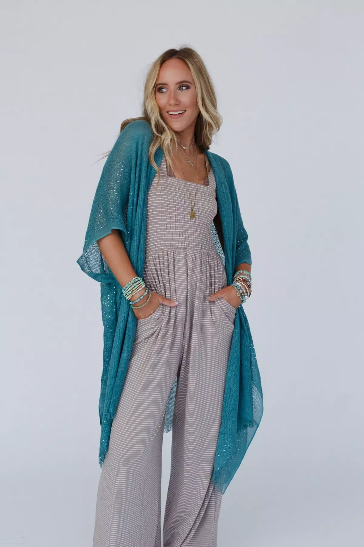 Mikka Sequin Frayed Trim Kimono