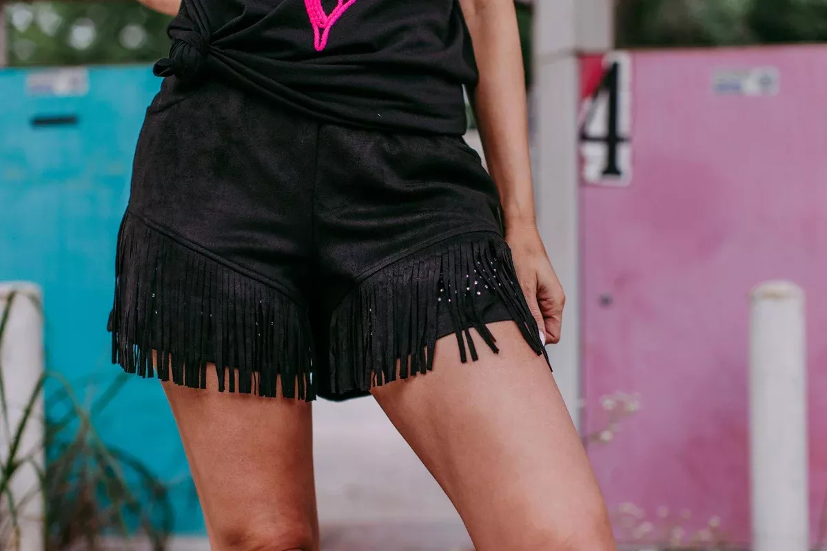 MK313 Dixie Rhinestone Embellished Fringe Shorts - Black