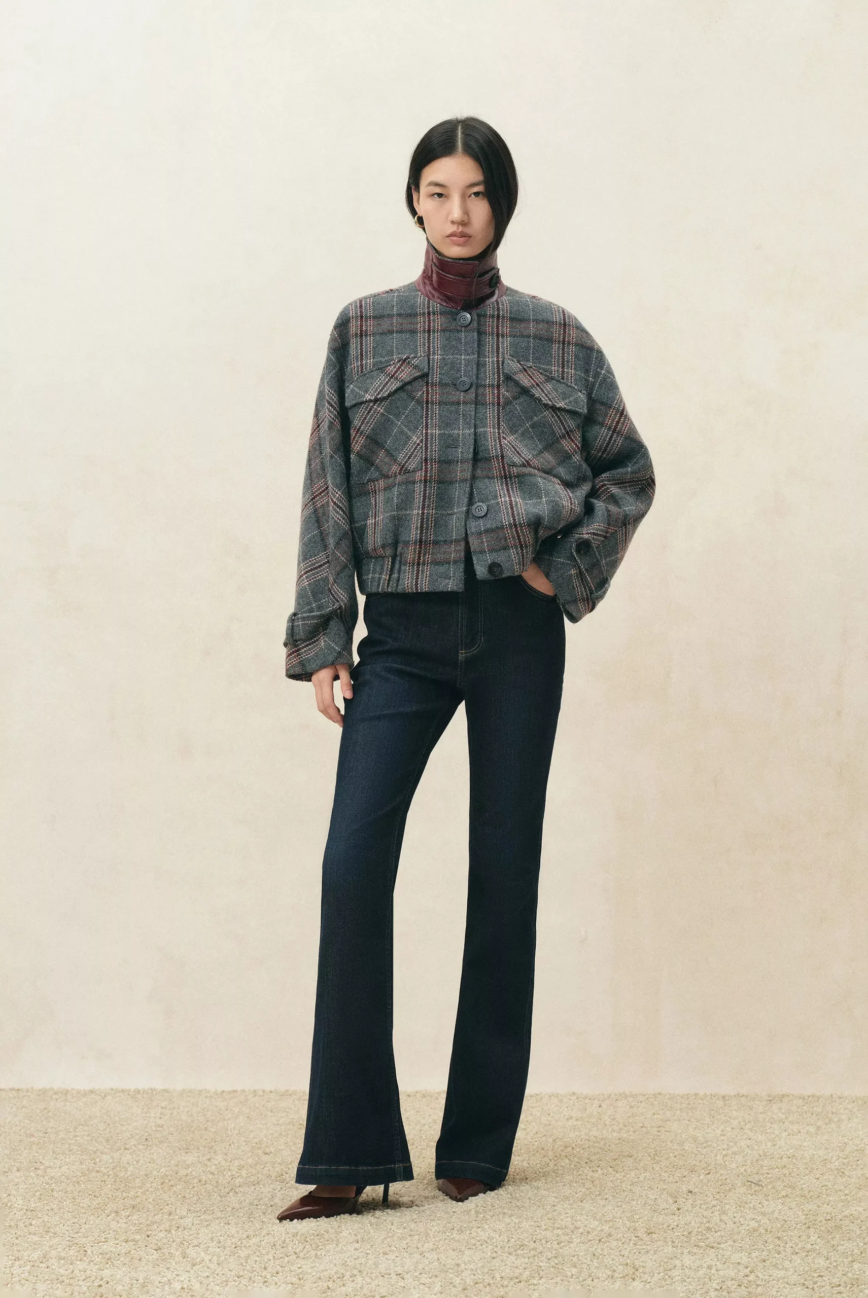 Montnkar Plaid Leather Panel Bomber Jacket in Wool