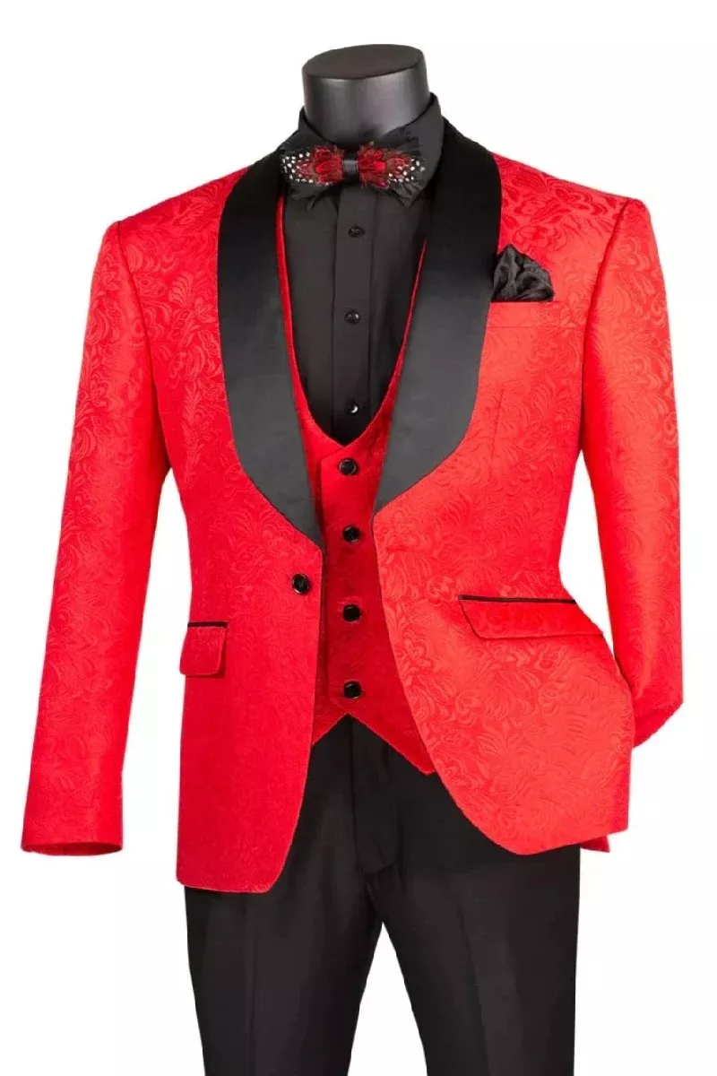 Nico Red Vinci One Button Three Piece Set Shawl Tuxedo