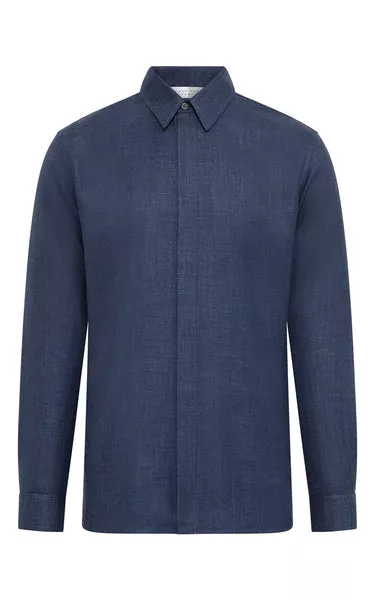 Nicolas Shirt in Denim Virgin Wool Silk with Linen
