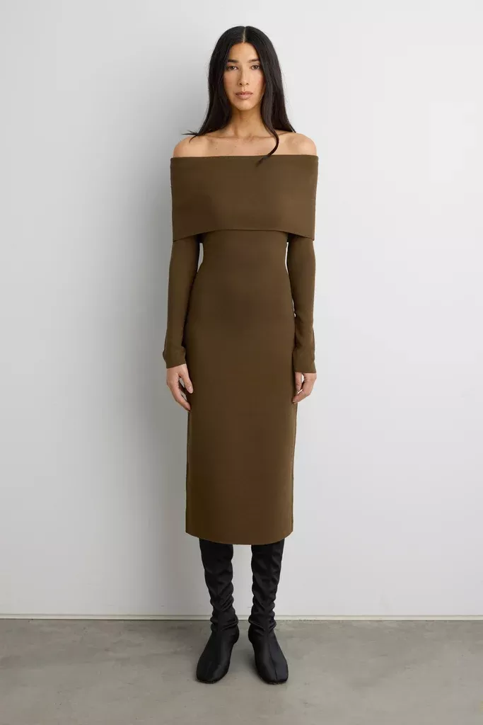 OFF THE SHOULDER LONG SLEEVE MIDI DRESS