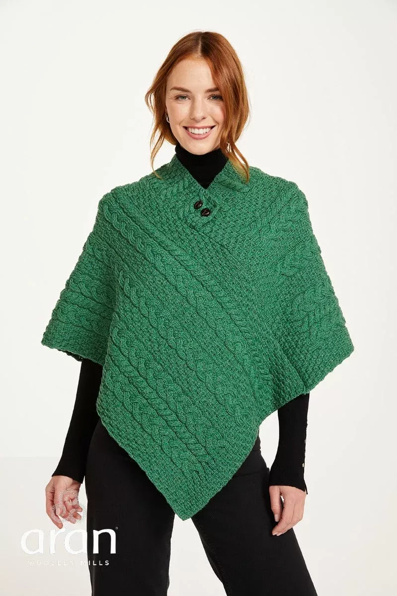 One Size Cable knit Poncho with Buttons Kelly Green