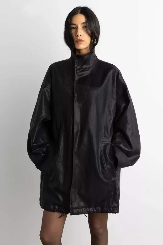 OVERSIZED FUNNEL NECK VEGAN LEATHER JACKET