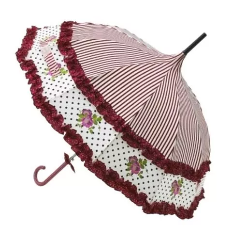 Pagoda Umbrella: Ruffle, Stripes, Red with White Dots & Rose Print