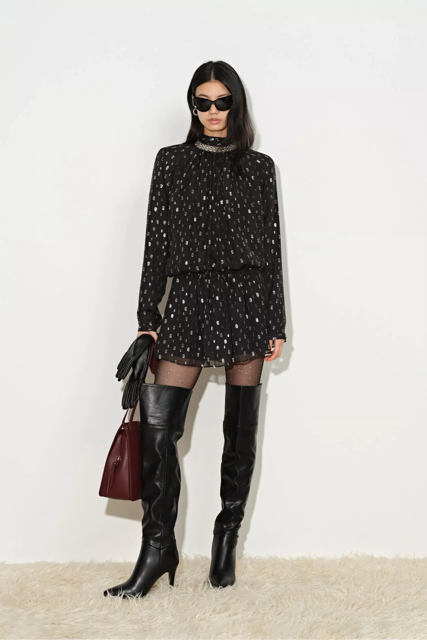 Paris Ruched Shimmering Polka Dots Dress