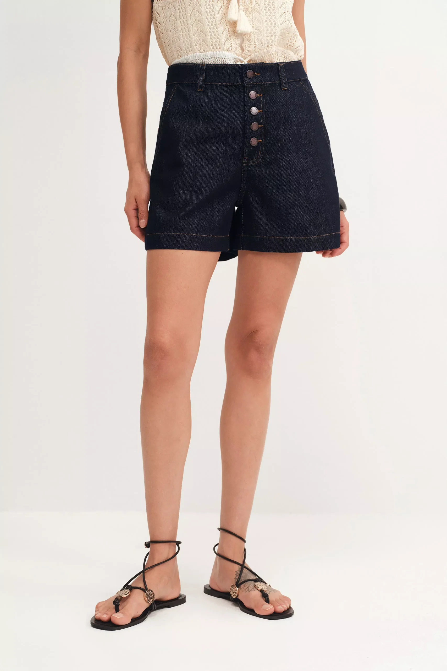 Perla Crocheted Pocket Shorts in Raw Denim
