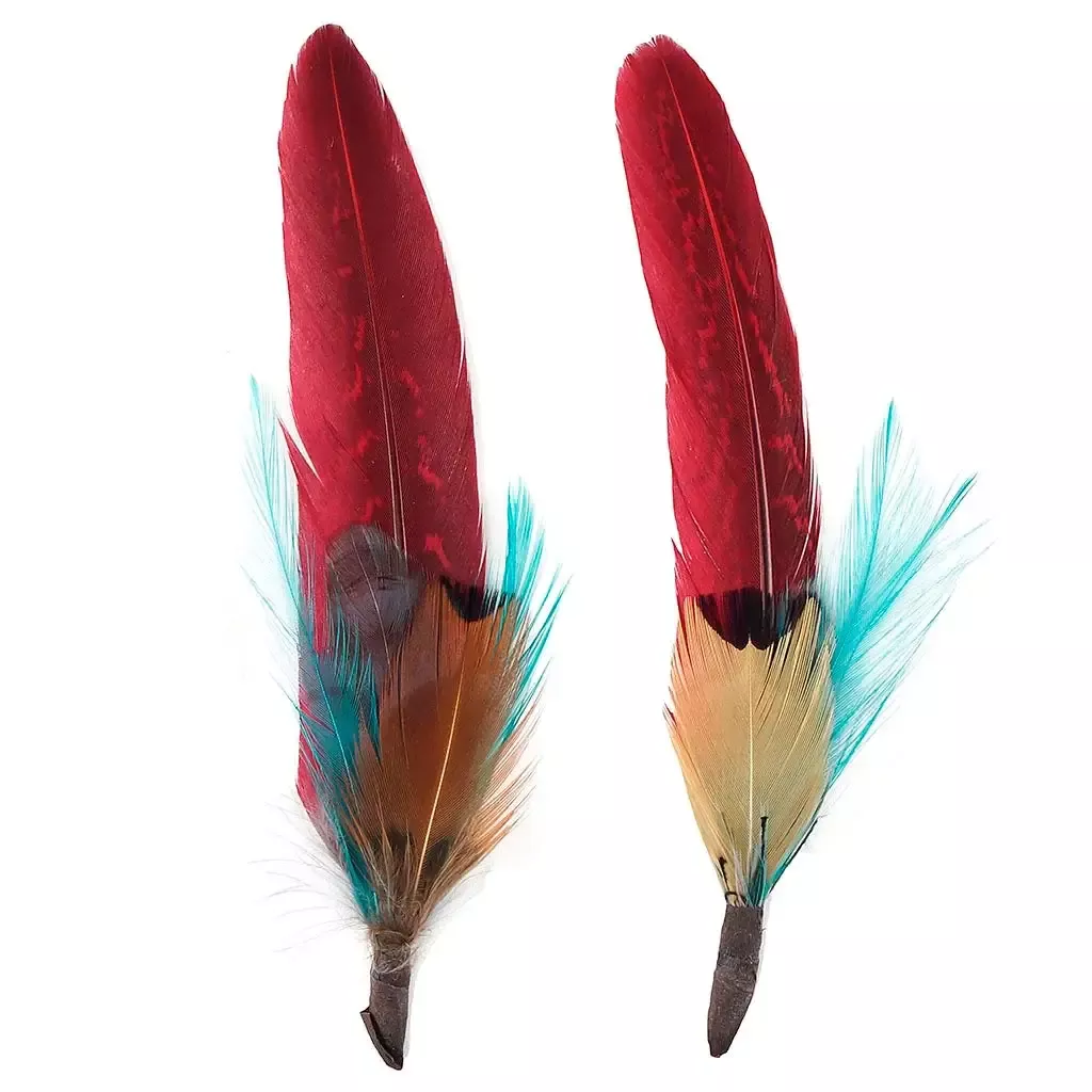 Pheasant Hackle Feather Hat Trims - Dark Aqua- Tango Red