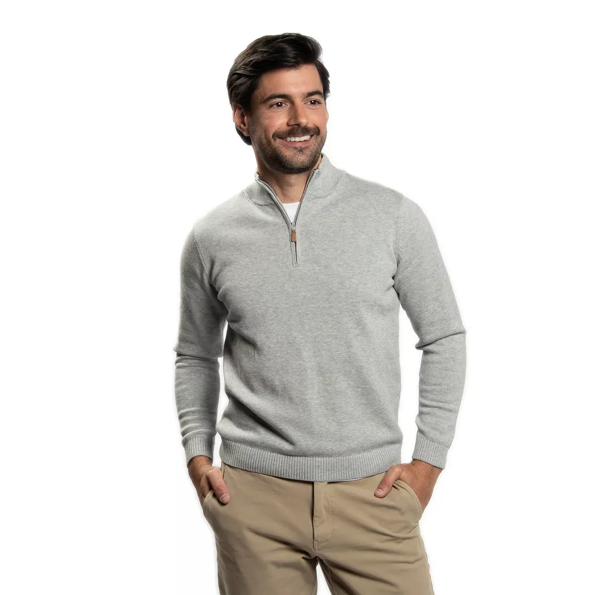 Pima Cotton Quarter Zip Sweaters - Light Grey