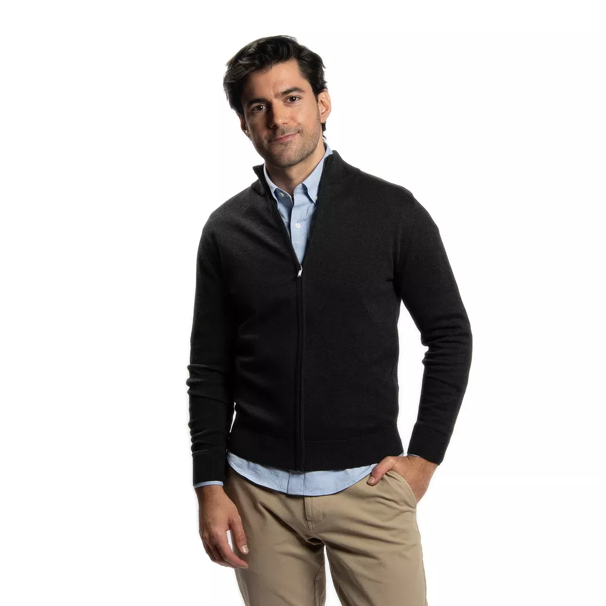 Pima Cotton Zip Sweater - Black
