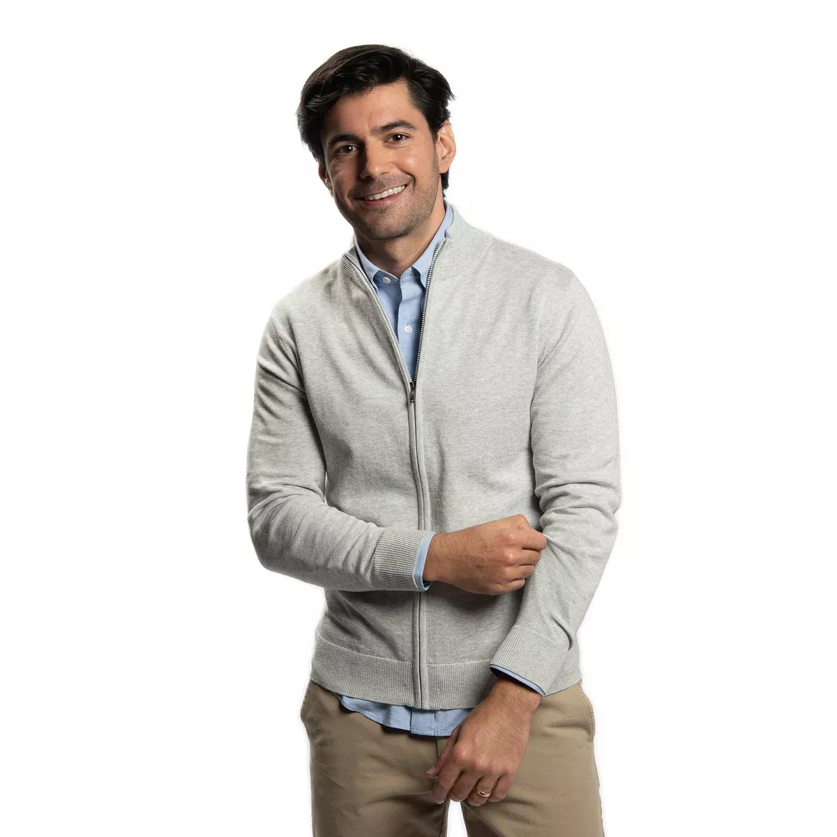 Pima Cotton Zip Sweater - Light Grey