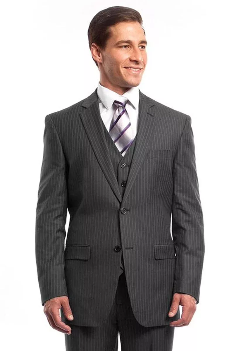 Pinstripe Grey Business Suit - Men's Two Button Vested Style