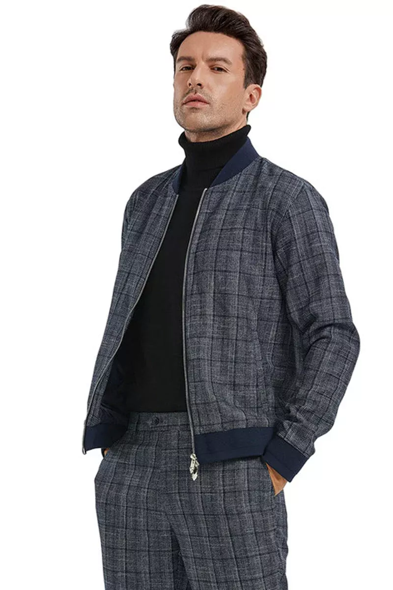 Plaid Men's Casual Track Suit - Navy Walking Jacket & Pant Set
