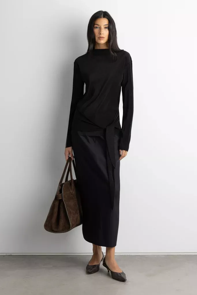 PLISSE LONG SLEEVE TOP WITH WAIST TIE