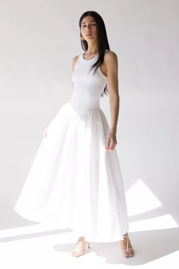 POPLIN RIB-KNIT DROP WAIST MIDI DRESS
