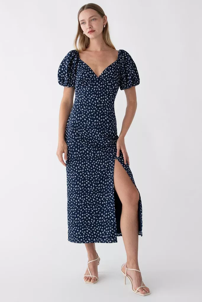 PUFF SLEEVE FLORAL MIDI DRESS