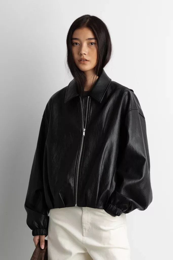 PUFFED VEGAN LEATHER BOMBER JACKET WITH PLEATS