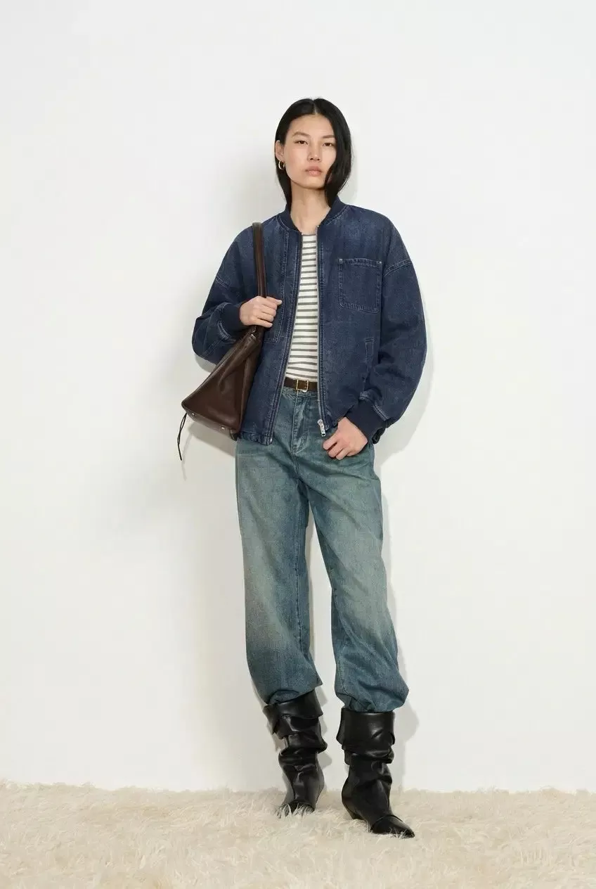 Quinn Denim Bomber Jacket in Lightweight Plain-Weave Denim