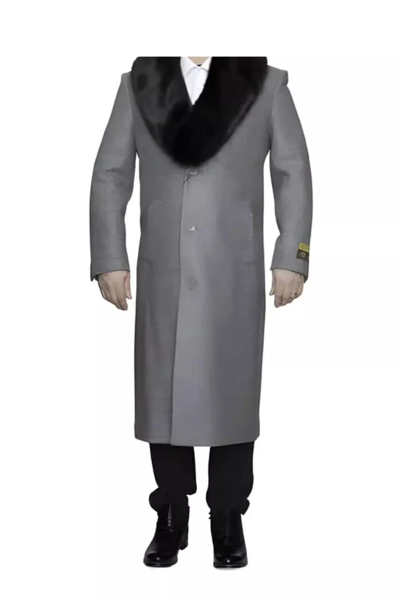Removable Ankle length Fur Collar Full Length Gray Wool Herringbone ~ Overcoat 1920s 1940s men's Fashion Vintage Style - Mens Topcoat