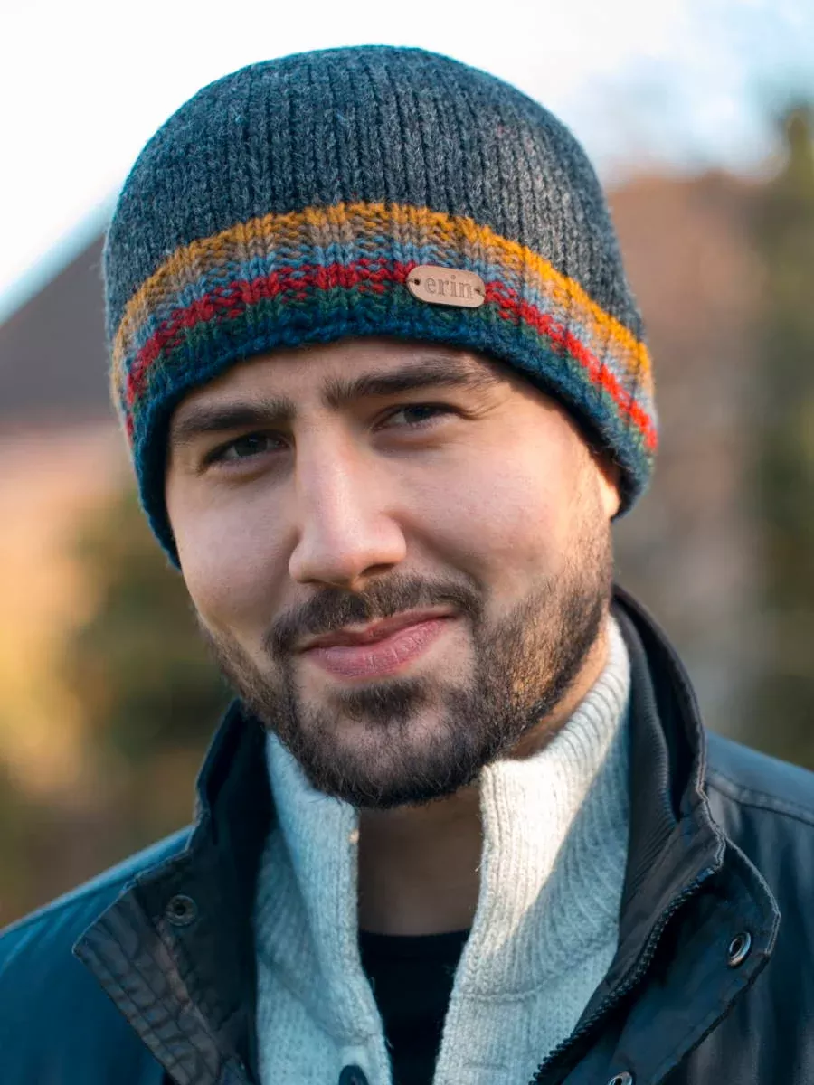 Rib Pullon Hat Charcoal with yellow/red band