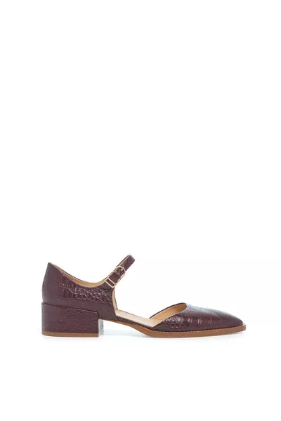 Riley Sandal in Bordeaux Crocodile Embossed Leather