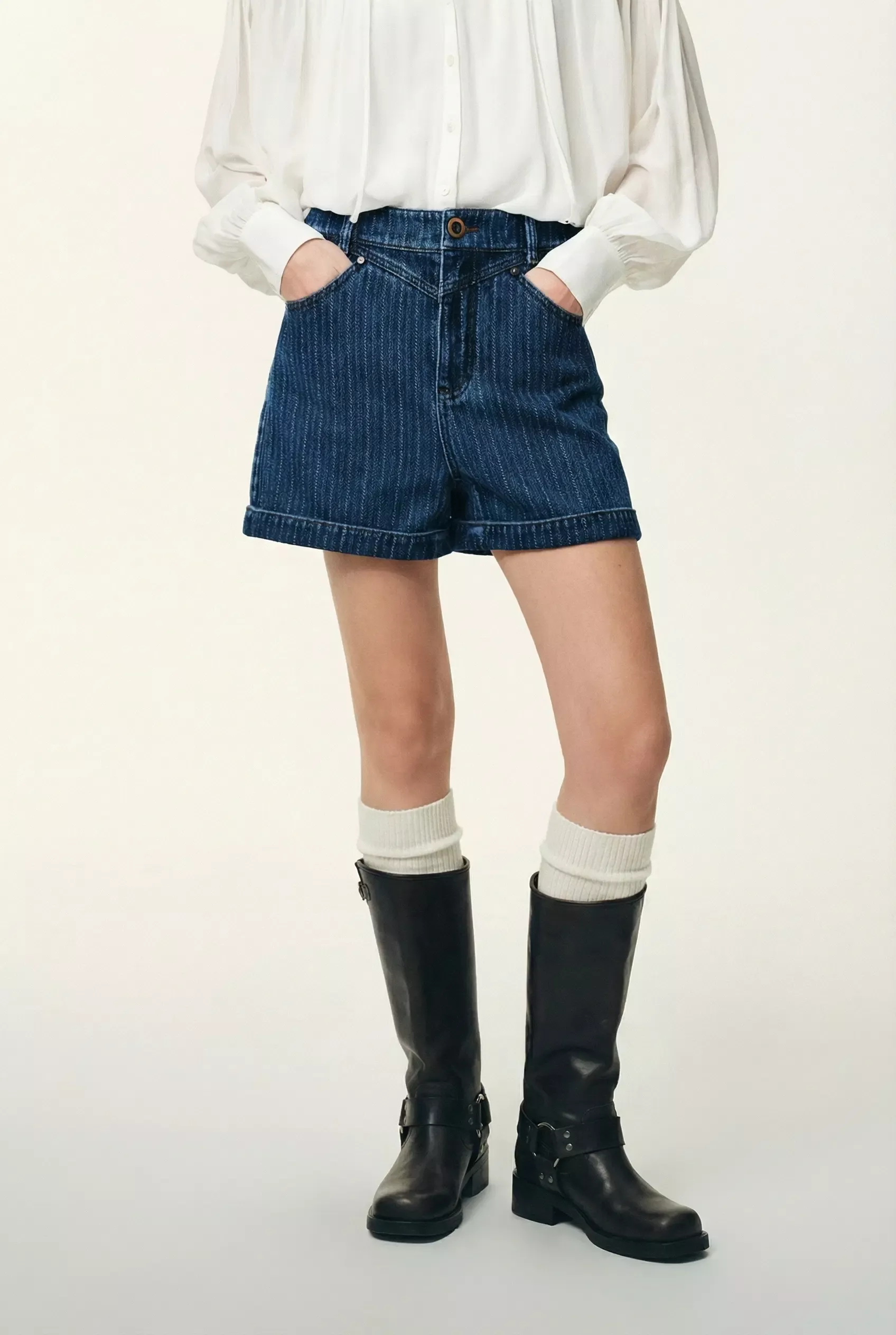 Salome Vertical Stripe Shorts in Herringbone Denim