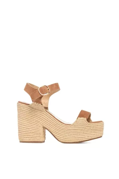 Sardis Platform Sandal in Camel Suede & Natural Raffia