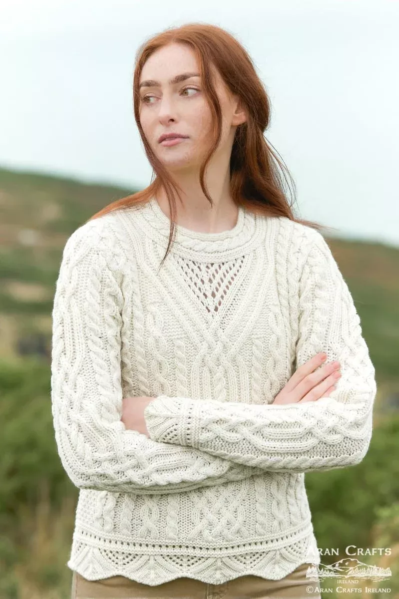 Scallop Hem Crew Neck Lace Sweater Natural