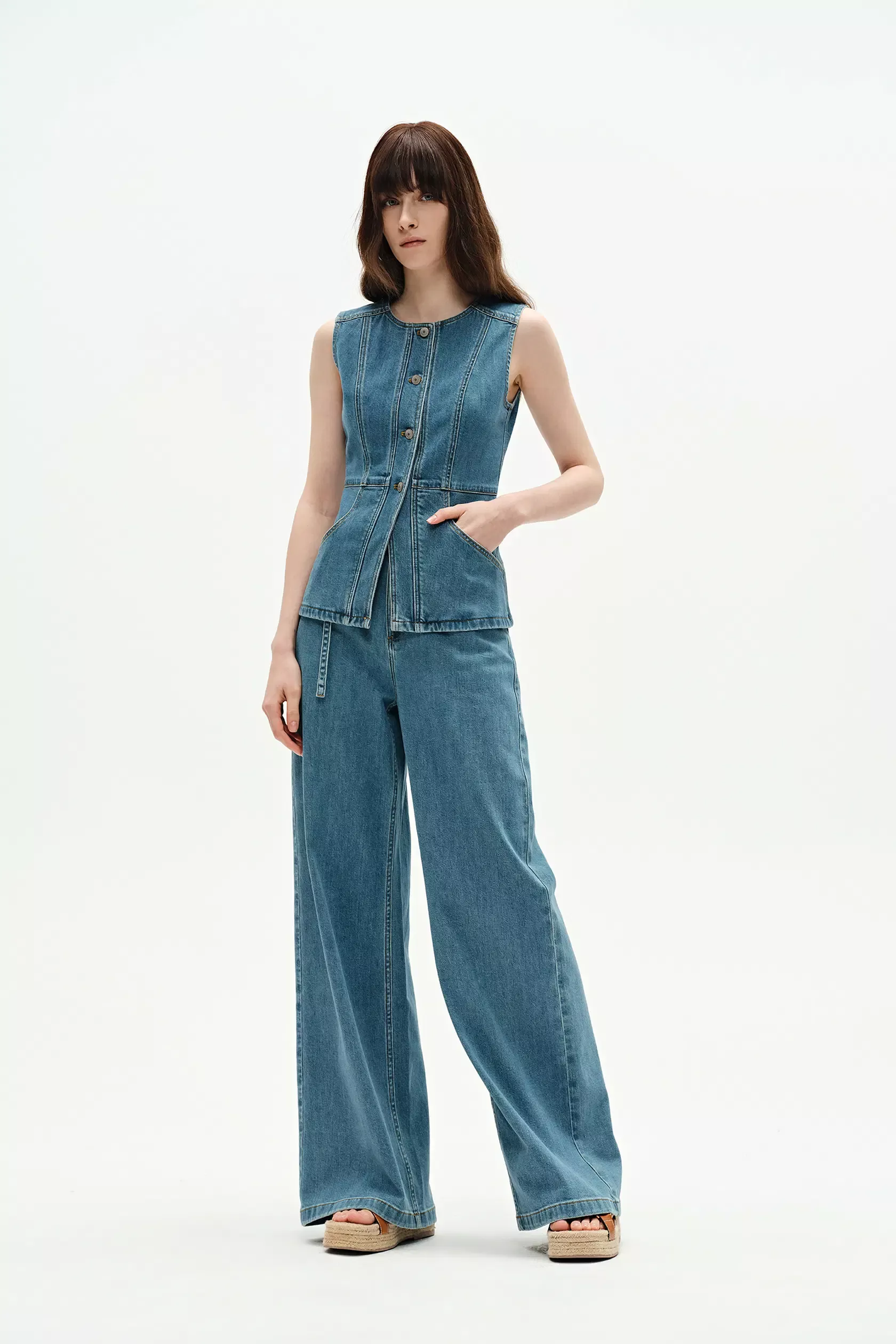 Selena Sleeveless Vest Top in Technical Lyocell Denim