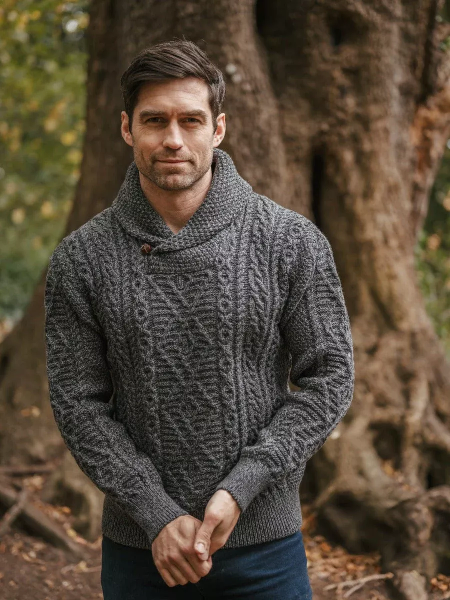 Shawl Neck Aran Sweater Slate