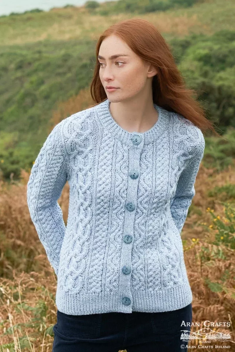 Short Buttoned Aran Cardigan - Ice Blue