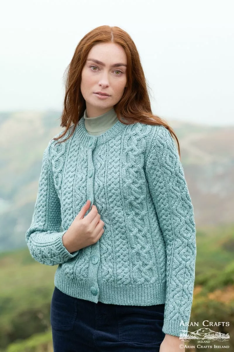Short Buttoned Aran Cardigan - Mermaid