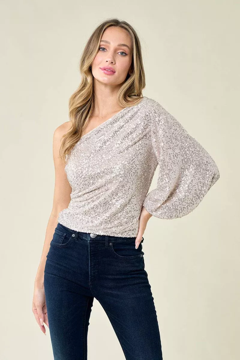 SIT3610A CHAMPAGNE CASUAL HOLIDAY ONE SHOULDER SEQUIN TOP