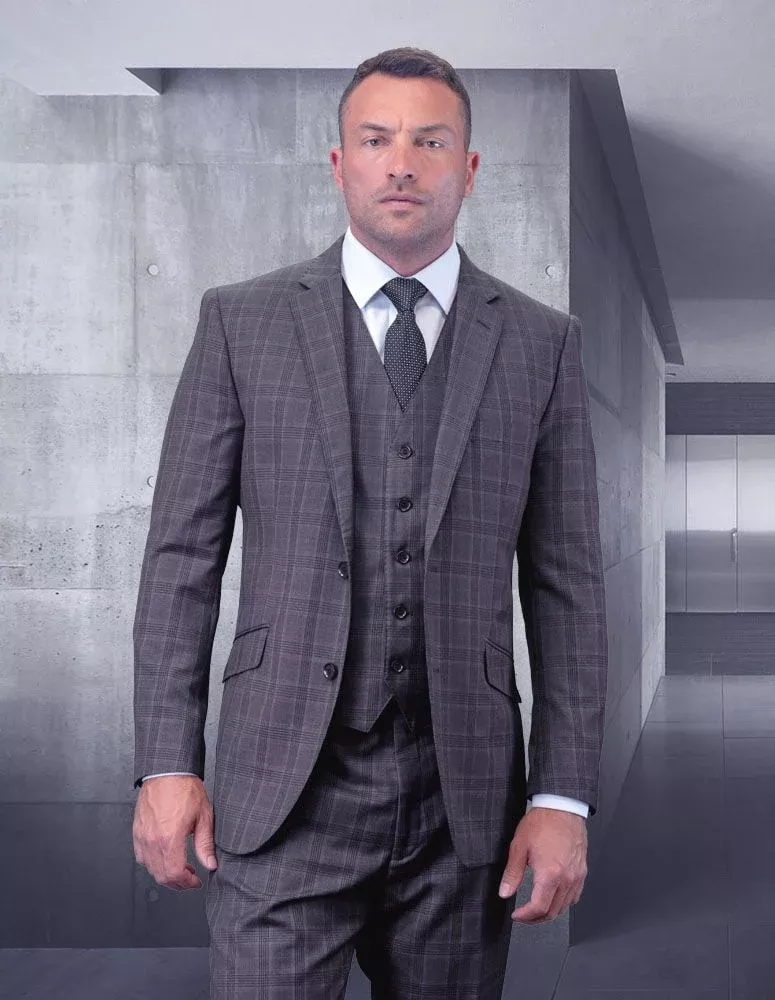 Sleek Plaid Windowpane Texture Business Pattern Modern Fit Side Vented Men's 100% Wool 3 Piece Suit Perfect for Formal Occasions