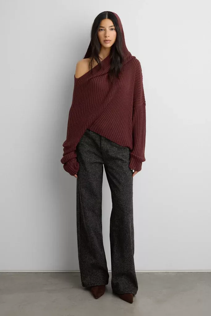 SLOUCHY OFF THE SHOULDER KNIT HOODIE