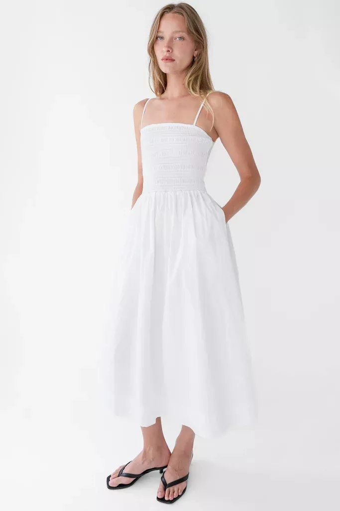 SMOCKED POPLIN MIDI DRESS